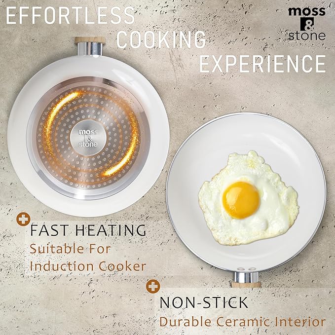 Moss & Stone 6 Pcs White Nonstick Cookware Set, Pots And Pans Set Non stick With Glass Lid, Induction Cookware, Stay-Cool Handle PTFE/PFOA Kitchen Pots 6-Piece with Frying Pans & Saucepan