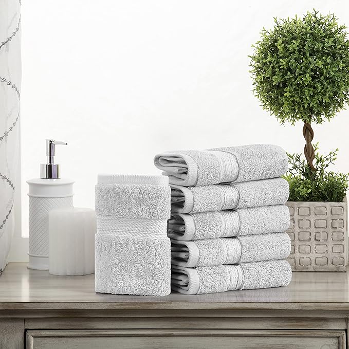 Superior Egyptian Cotton Pile Face Towel/Washcloth Set of 6, Ultra Soft Luxury Towels, Thick Plush Essentials, Absorbent Heavyweight, Guest Bath, Hotel, Spa, Home Bathroom, Shower Basics, Silver