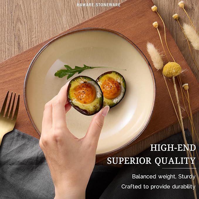 HaWare Plates and Bowls Set, Stoneware Dinnerware Sets, 24-Piece Hand-painted Dishware for 6, Ceramic Dish Set for Home Kitchen, Scratch Resistant, Microwave and Dishwasher Safe, Reactive Sandy Khaki