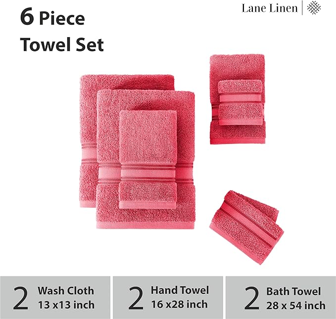 LANE LINEN Luxury 6-Piece Bath Towel Set - 100% Cotton, Quick-Dry, Super Absorbent, Zero Twist - Includes 2 Bath Towels, 2 Hand Towels, 2 Washcloths - Honeysuckle