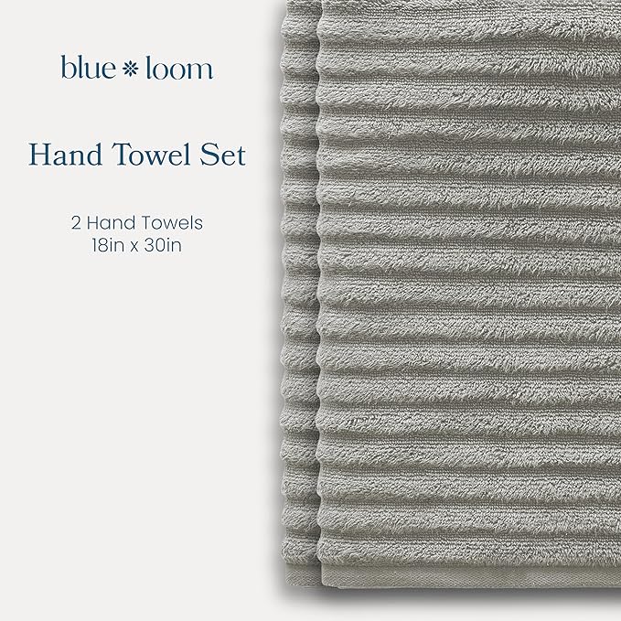 Blue Loom Ribbed Hand 2 Towels Set, 100% Cotton 600GSM, Soft Absorbent Durable Quick Drying for Bathroom - Mason 2 Piece 18" x 30" - Stone