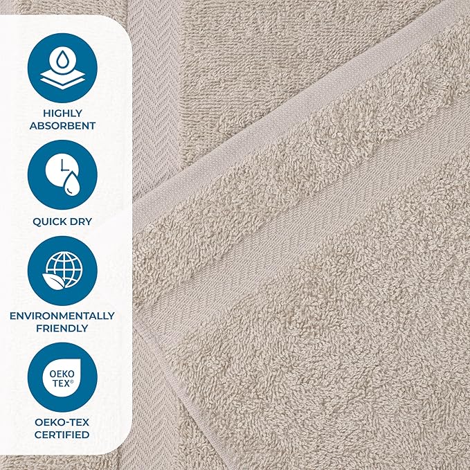 Superior 6-Piece Cotton Assorted Towel Set, Includes 2 Face/Washcloths, 2 Hand, and 2 Bath Towels, Lightweight Essentials, for Home, Gym, Beach, Bathroom, Quick Drying, Franklin Collection, Stone