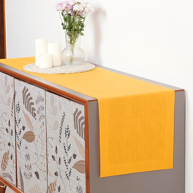 D'Moksha Homes Linen Table Runner 54 Inches - 100% Pure Linen Sunflower Yellow Table Runner 14 x 54 Inch for Dresser, Coffee Tables, Winter, Holiday, New Year - Machine Washable