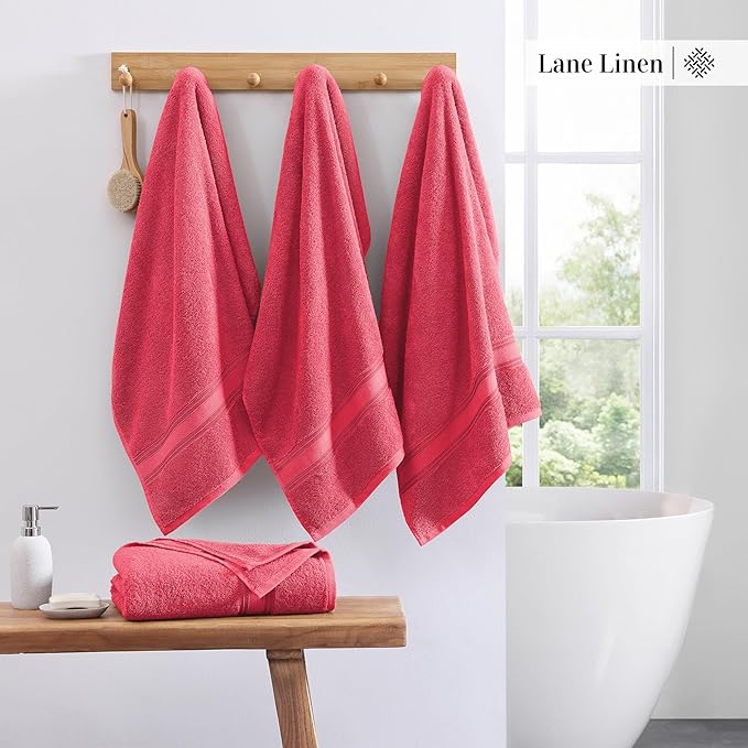 Lane Linen 100% Cotton Large Bath Towels Set of 4 (28"x54") - Zero Twist, Mercerized Cotton Bathroom Towel Sets - Quick Dry, Soft & Absorbent Large Towels Set - Dorm Essentials for Girls - Honeysuckle