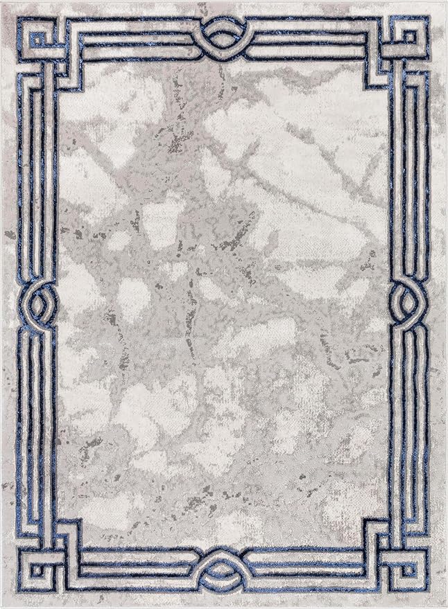 Well Woven Lezlee Abstract Modern 5'3" x 7'3" Area Rug - Blue Marble Border - for Living Room, Dining Room, Bedroom