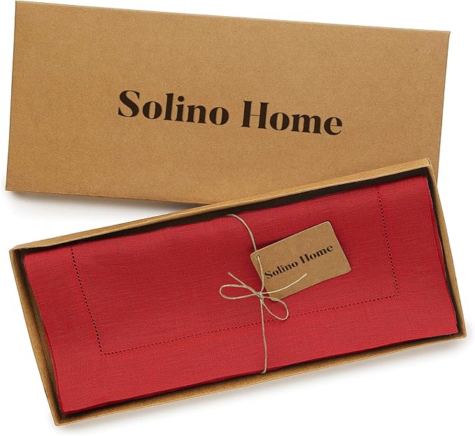 Solino Home Linen Red Table Runner 36 Inches - Classic Hemstitch, 100% Pure Linen Coffee Table Runner 14 x 36 Inch Ideal for Dresser Tables - Valentines, Holiday, Winter, New Year