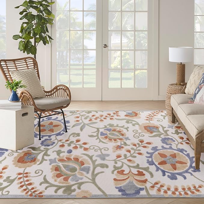 Nourison Home Aloha Ivory Blue 9' x 12' Area Rug - Easy Clean, Non Shedding, Bed Room, Living Room, Dining Room, Kitchen (9' x 12')