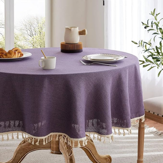 Linen Tablecloth with Tassels, Farmhouse Style Purple Tablecloth, Water Resistant Burlap Tablecloths for Round Table, 52 Inch Round Purple