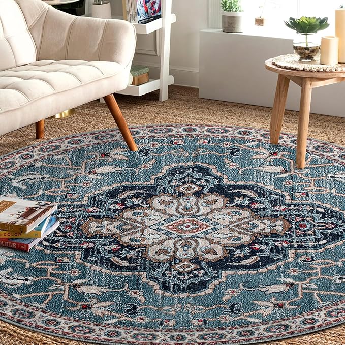 Easy-Going Round Rug 6ft Area Rug Medallion Distressed Washable Circle Rugs for Living Room Non-Slip Bedroom Rug Low Pile Lightweight Vintage Retro Throw Rug for Dining Room Kitchen Office, Teal Brick