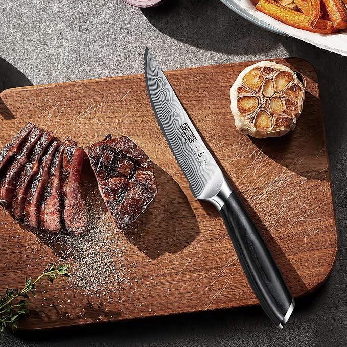 HOSHANHO Steak Knives Set of 6, 4.5 Inch Japanese Serrated Steak Knife Set, Ultra Sharp High Carbon Powder Steel Steak Knife with Pakkawood Handle