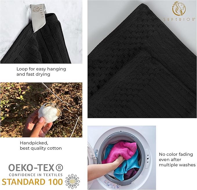 Cotton 4-Piece Solid and Ribbed Hand Towel Set, Hand Towels- 16" x 28", Black by Superior