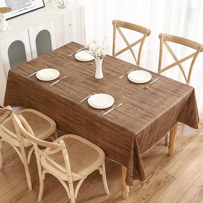Walrus Heavy Duty Vinyl Tablecloth with Flannel Backing Waterproof Oil-Proof Plastic Table Cloth Stain-Resistant Wipeable Rectangle or Square Table Cover for Indoor and Outdoor (Wood, 60X84 Inch)
