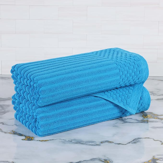 Cotton 2-Piece Solid and Ribbed Bath Towel Set, Bath Towels- 27" x 54", Azure by Superior