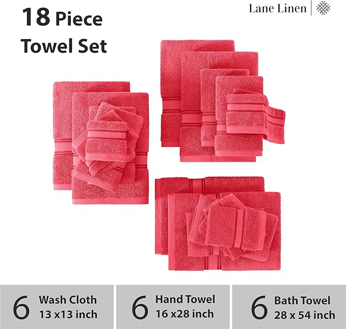 LANE LINEN Towels for Bathroom – 18 Pack, 100% Cotton, Zero Twist, 6 Bath, 6 Hand Towel & 6 Wash Cloths, Highly Absorbent, Luxury Hotel & Spa Quality, Machine Washable – Honeysuckle