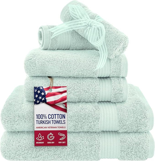 American Veteran Towel, 6 Piece Towel Set for Bathroom, 100% Cotton Turkish Bathroom Towels, 2 Bath Towels 2 Hand Towels 2 Washcloths, Mint
