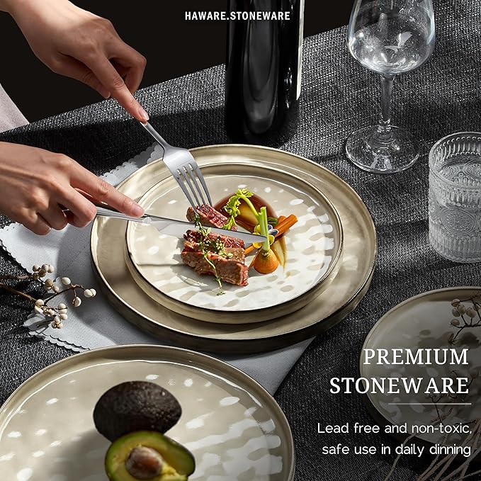 HaWare Dinnerware Sets, 16-Piece Plates and Bowls Set, Stoneware Dish Set for 4, Ceramic Dishware Set for Pasta Cereal, Chip and Scratch Resistant, Microwave and Dishwasher Safe, Saturn Khaki