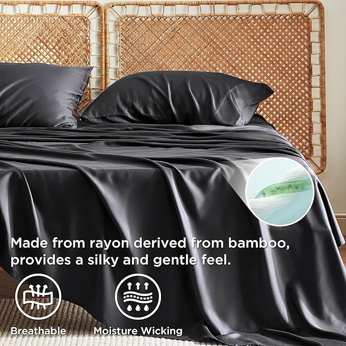 Bedsure California King Sheet Sets, Cooling Sheets for Hot Sleepers, Rayon Derived from Bamboo, Breathable & Soft, Deep Pocket Up to 16 Inches, Hotel Luxury Silky Bedding, Black