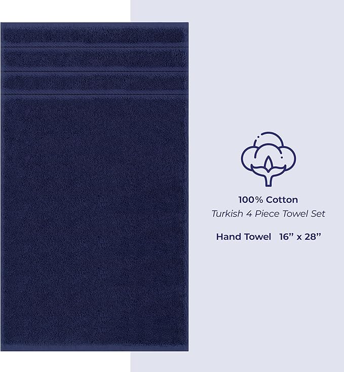 American Soft Linen Luxury Hand Towels for Bathroom, 600 GSM 100% Cotton Turkish 4 Piece Hand Towel Set, 600 GSM Hand Face Towels for Kitchen, Navy Blue Hand Towels