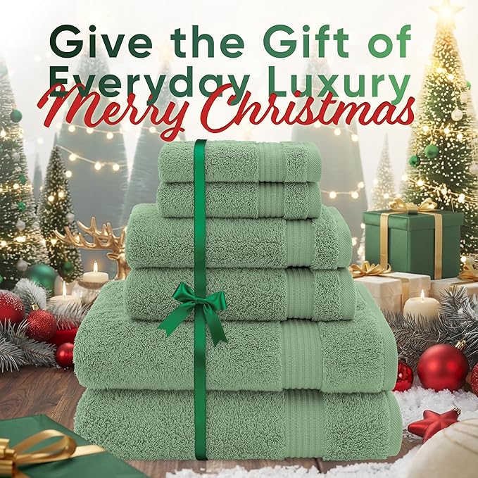 American Veteran Towel, 100% Cotton Turkish 6 Piece Towel Set, Luxury Towels Set of 6 for Bathroom Essentials, 2 Bath Towel 2 Hand Towel 2 Washcloth, Sage Green