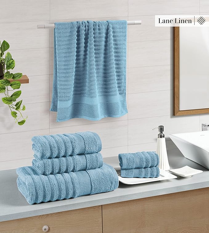 LANE LINEN Large Bath Towels Set - Premium Quality, Soft, 100% Cotton Towels for Bathroom, Hotel & Spa - Includes 2 Bath, 2 Hand & 2 Wash Cloths, Super Absorbent Quick Dry Towel (6 Piece Set) - Blue