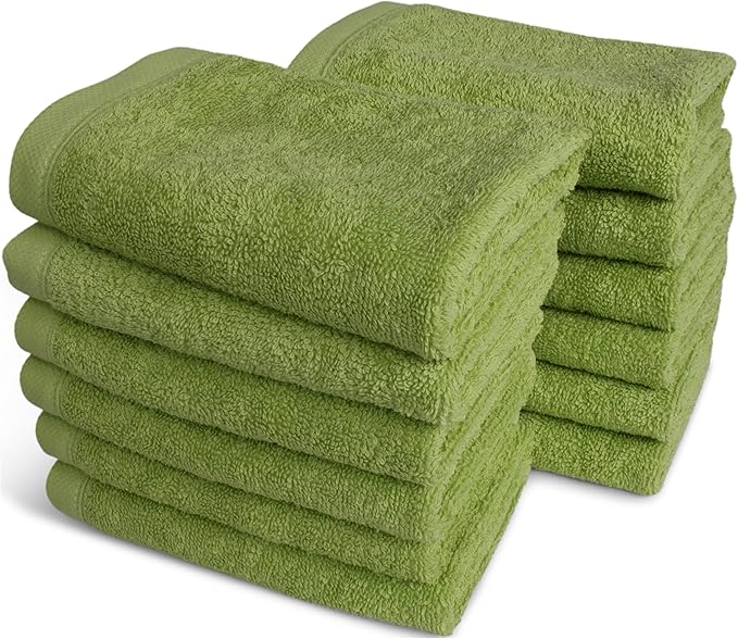 SALBAKOS 100% Turkish Cotton Washcloth Set of 12 13x13 inch | Heirloom Quality | Hotel & Spa Collection | Ultra Soft, Super Absorbent, Washcloth Towels | Made in Turkey (Green, 12 Washcloths)