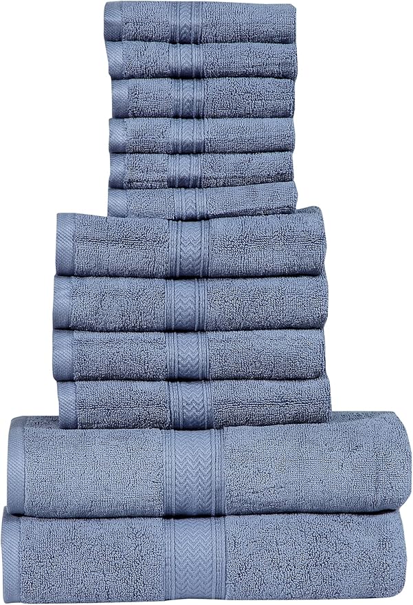 HILLFAIR 12 Piece- 600 GSM Cotton - Hotel Spa Towels Set- 2 Bath Towels, 4 Hand Towels, 6 Washcloths- Absorbent Super Soft Cotton Towels Set- Blue- 100% Cotton