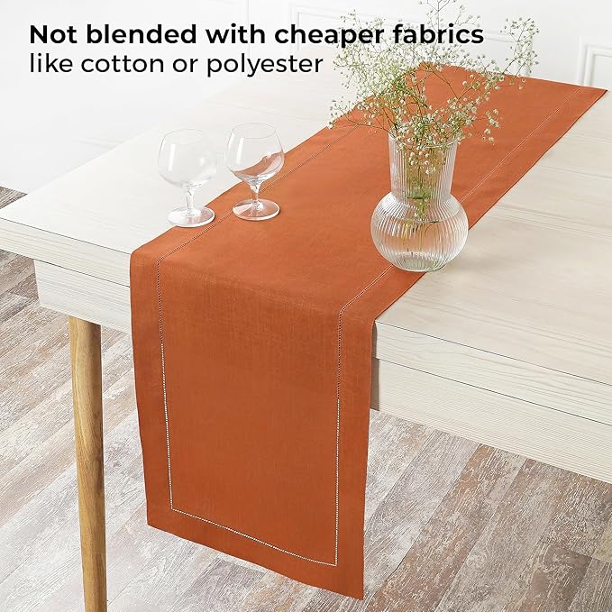 D'Moksha Homes Linen Rust Table Runner 72 Inches Long - 100% Pure Linen Hemstitch Table Runner 14 x 72 Inch for Dresser, Dining and Winter, Holiday, New Year - Classic Hemstitch