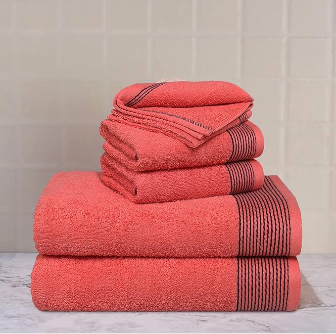 Belizzi Home 100% Cotton Ultra Soft 6 Pack Towel Set, Contains 2 Bath Towels 28x55 inchs, 2 Hand Towels 16x24 inchs & 2 Washcloths 12x12 inchs, Compact Lightweight & Highly Absorbant - Coral Orange