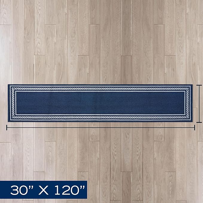 Nautica – Runner Rug | Indoor Runners for Hallways and Entry Rugs| Non-Slip and Non-Skid Entry and Kitchen Door Mat| Machine Washable Entryway Carpet Rugs | 2'6" x 10' | Rope Border Denim