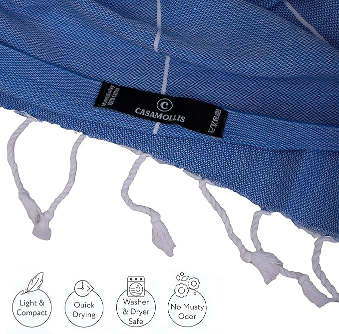 Turkish Beach Towel, Prewashed, 100% Cotton, Soft, Absorbent, Quick Dry, Sand Free Large Oversize Beach Towels for Bathroom Camping Yoga Gym Pool Travel Size 39x71 Inches (Blue)