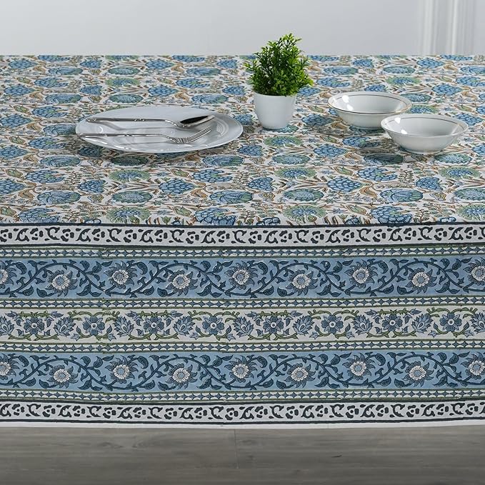 Ridhi Asparagus Green Hand Block Print Cotton Rectangle Tablecloth 160" x 72" inches Reusable Table Cover Decorative Everyday Use for Dining, Farmhouse, Home, Party, Festive, Wedding, Fall