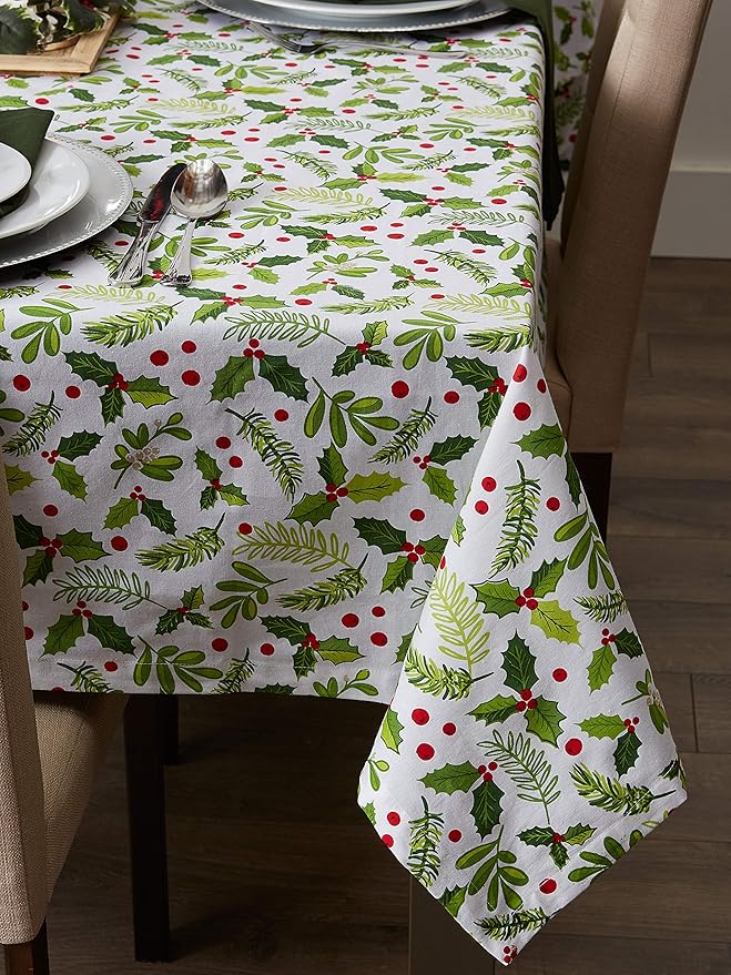 DII Boughs of Holly Collection Decorative Holiday Dining Table & Kitchen Décor, Square Tablecloth, 52x52, Christmas Greenery