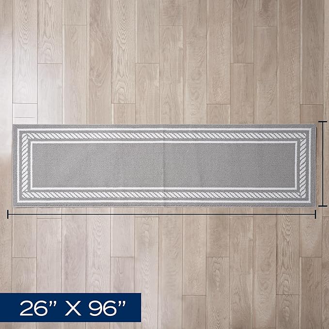 Nautica – Runner Rug | Indoor Runners for Hallways and Entry Rugs| Non-Slip and Non-Skid Entry and Kitchen Door Mat| Machine Washable Entryway Carpet Rugs | 2'2" x 8'| Rope Border Light Grey