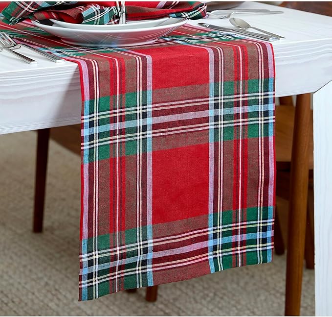 Solino Home Linen Tartan Plaid Table Runner 48 Inches - 100% Pure Linen Red Madras Holiday Plaid Short Table Runner 14 x 48 Inch Ideal for Dresser and Coffee Tables