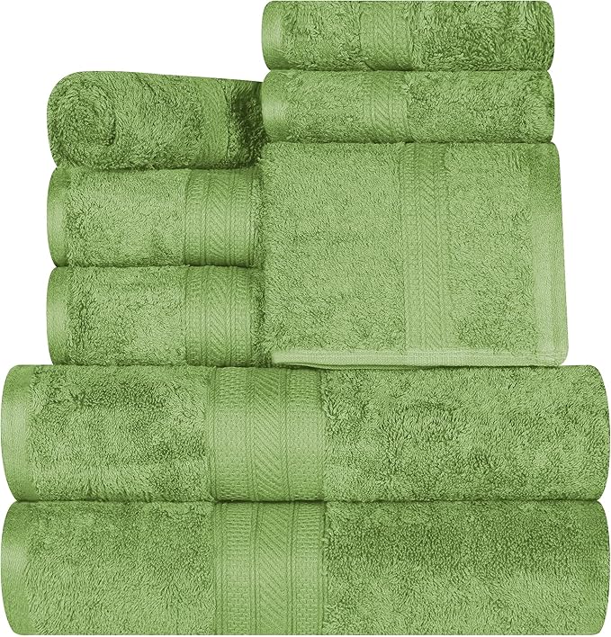 Superior Long Staple 100% Combed Cotton 700GSM 8-Piece Solid Towel Set for Bathroom, Shower-Super Soft, Plush, Assorted 8-Piece Towels, 4 Face/Washcloths, 2 Hand Towels, 2 Bath Towels, Green Essence