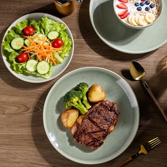 AmorArc Ceramic Dinnerware Sets for 6, 18 Pieces Handpainted Plates and Bowls Set, Scratch Resistant Stoneware Dishes Set, Dishwasher & Microwave Safe, Olive Green