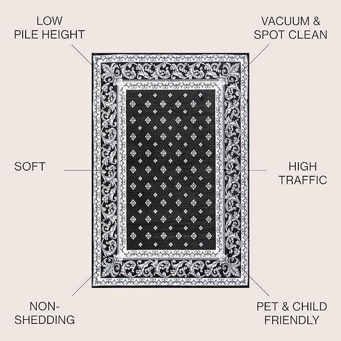 JONATHAN Y Acanthus French Border Black/Gray Indoor Area Rug, 5x8, Vintage, Bohemian, Easy-Cleaning for Living Room, Bedroom, Kitchen, Pet Friendly, Non-Shedding (MDP504A-5)