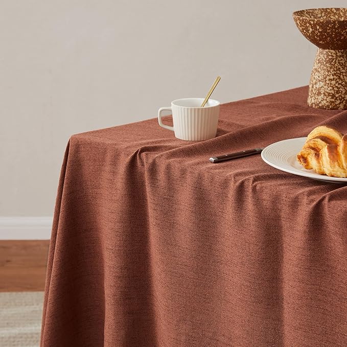 Linen Tablecloth with Tassels, Farmhouse Style Terracota Tablecloth, Water Resistant Burlap Tablecloths for Round Table, 60 Inch Round Terracota