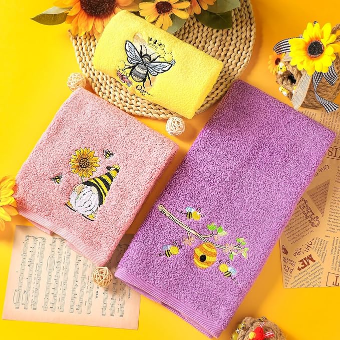 3 Pcs Bee Hand Towels for Bathroom 14 x 29 Inch Cotton Purple Pink Yellow Hand Towels for Bathroom Bee Bath Towel Bees Kitchen Towel Set Drying Cleaning Cooking Gift for Spring Summer