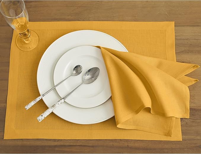 Solino Home Linen Cloth Placemats Set of 4-100% Pure Linen Tangerine Yellow Placemats 14 x 19 Inch - Fete