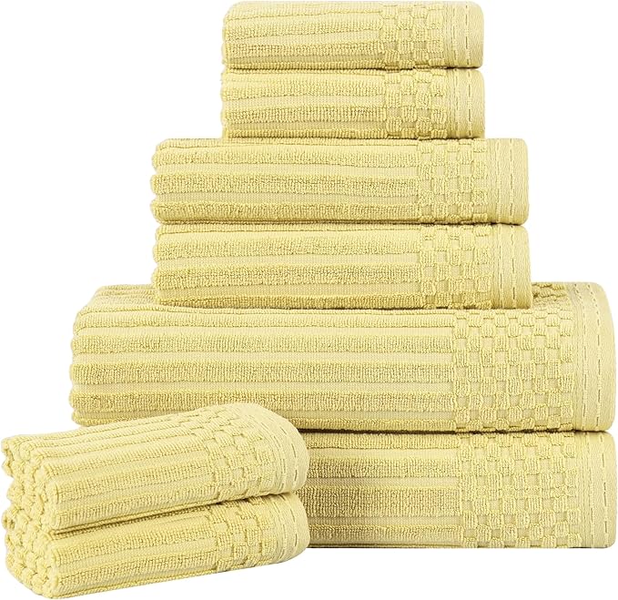 Cotton 8-Piece Solid and Ribbed Towel Set, Face Towels 13” x 13”, Hand Towels 16” x 28”, Bath Towels 27” x 54”, Golden Mist by Superior
