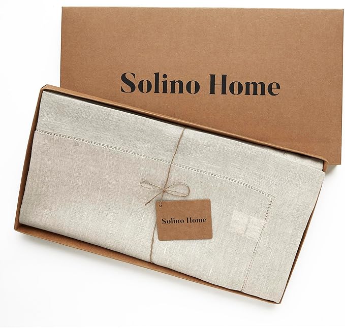 Solino Home Light Natural Linen Tablecloth 60 x 108 Inch - Classic Hemstitch, 100% Pure Linen Rectangular Tablecloth - Machine Washable Table Cloth for Holiday, New Year