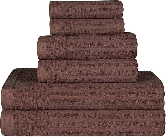 Cotton 6-Piece Solid and Ribbed Towel Set, Face Towels 13” x 13”, Hand Towels 16” x 28”, Bath Towels 27” x 54”, Java by Superior