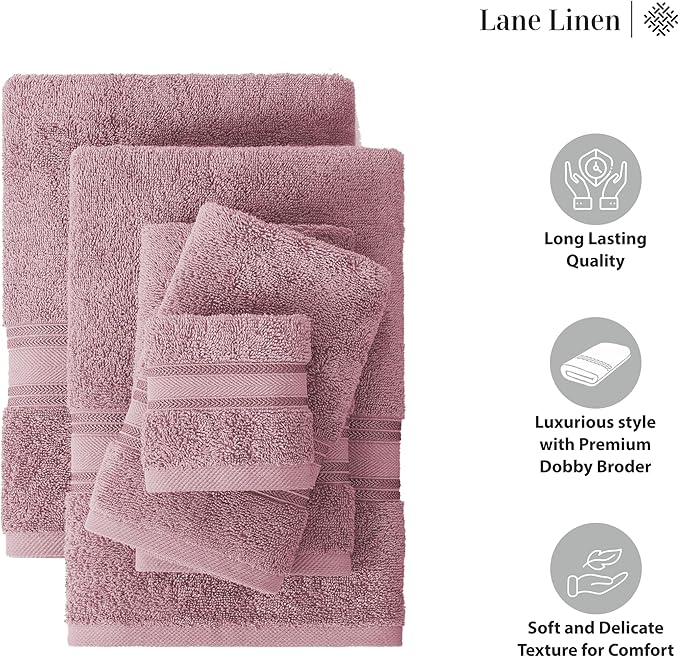 LANE LINEN Luxury Bath Towel Set - 6 Piece Set, 100% Cotton Bathroom Towels, Zero Twist, Quick Dry Shower Towels, Absorbent Towel, 2 Bath, 2 Hand, 2 Wash Cloths - Wishful Mauve