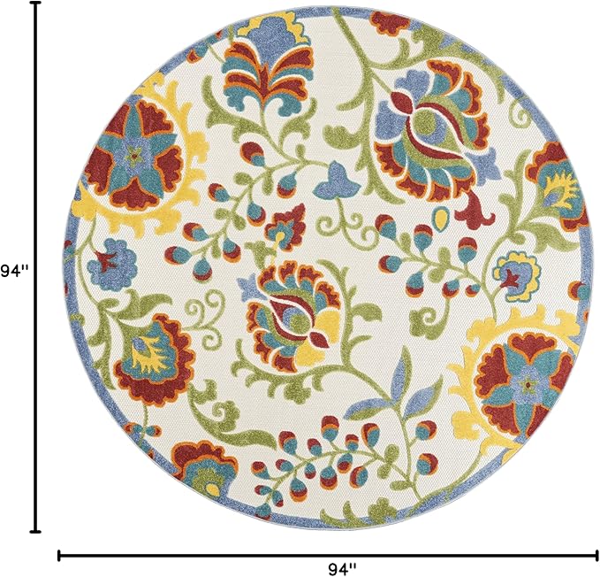 Nourison Aloha Indoor/Outdoor Ivory/Multi 7’10” x Round Area Rug, Easy Cleaning, Non Shedding, Bed Room, Living Room, Dining Room, Backyard, Deck, Patio (8 Round)