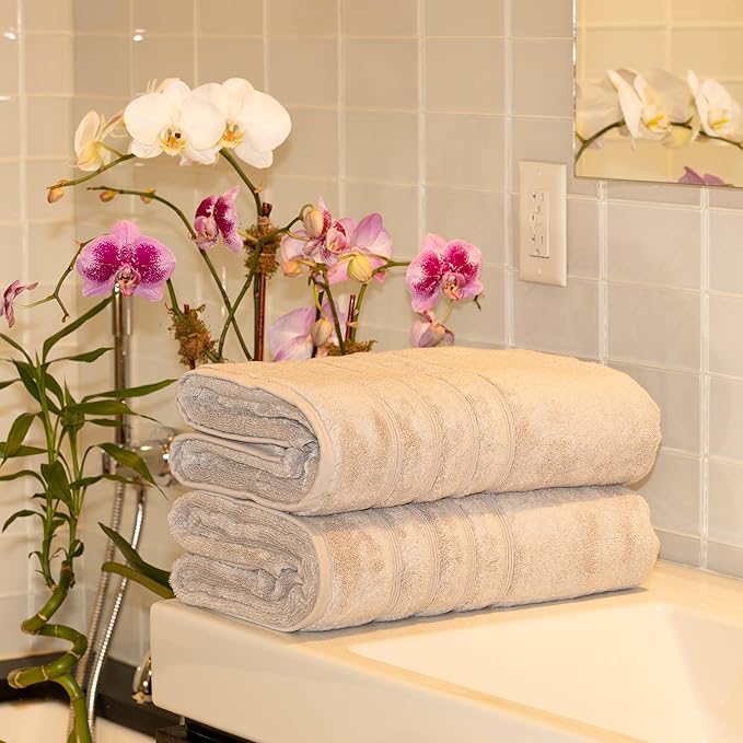 Mosobam Luxury Turkish Towels Set of 4 Bath Sheets 35X70 Light Grey (Gray) 700 GSM Bamboo Viscose & Aegean Turkish Combed Cotton