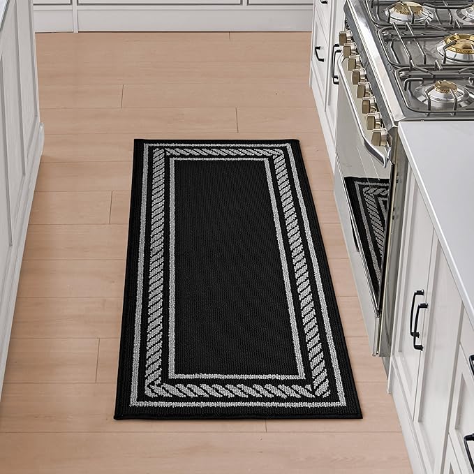 Nautica – Runner Rug | Indoor Runners for Hallways and Entry Rugs| Non-Slip and Non-Skid Entry and Kitchen Door Mat| Machine Washable Entryway Carpet Rugs | 2'2" x 5' | Rope Border Black