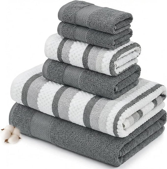 Modern Threads Pax 6-Piece Reversible Yarn Dyed Jacquard Towel Set - Bath Towels, Hand Towels, & Washcloths - Super Absorbent & Quick Dry - 100% Combed Cotton, Coal