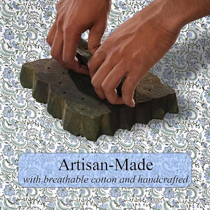 Ridhi Columbia Blue Hand Block Print Cotton Rectangle Tablecloth 118" x 70" inches Reusable Table Cover Decorative Everyday Use for Dining, Farmhouse, Home, Party, Festive, Wedding, Fall