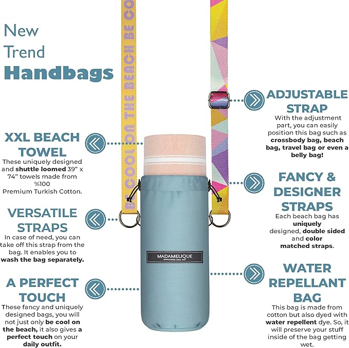 Madamelique Turkish Beach Towel with Beach Bag - 39 x 74 - Prewashed Beach Towels Oversized -%100Cotton - Quick Dry - Sand Free - Hand Loomed Turkish Bath Towels - Unique Absorbent Towel (Blush)